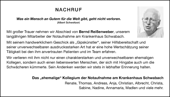 Traueranzeige von Bernd Reißenweber von Schwabacher Tagblatt Lokal