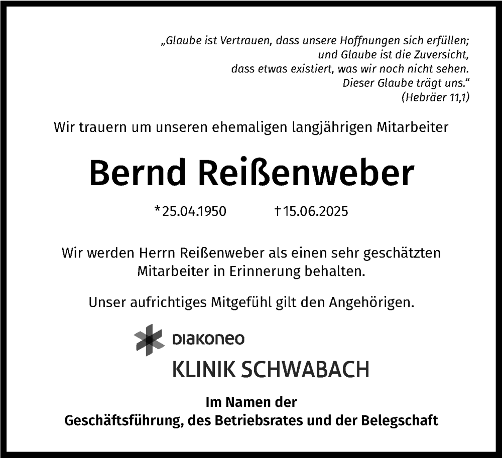 Traueranzeige für Bernd Reißenweber vom 26.06.2025 aus Schwabacher Tagblatt Lokal