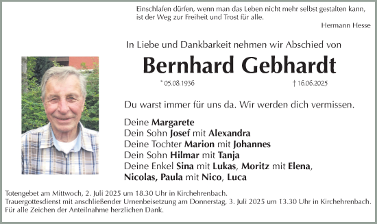 Traueranzeige von Bernhard Gebhardt von Nordbayerische Nachrichten Forchheim Lokal