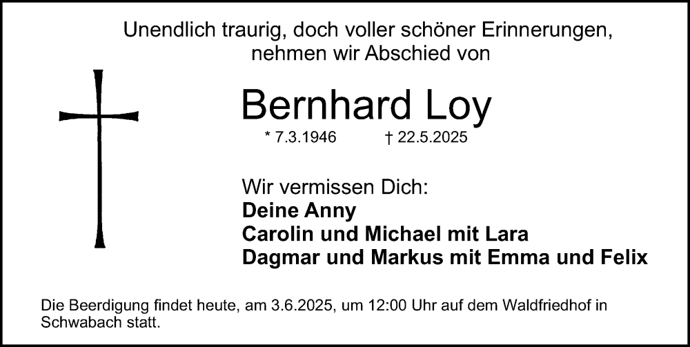  Traueranzeige für Bernhard Loy vom 03.06.2025 aus Gesamtausgabe Nürnberger Nachrichten/ Nürnberger Ztg.