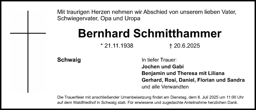  Traueranzeige für Bernhard Schmitthammer vom 28.06.2025 aus Gesamtausgabe Nürnberger Nachrichten/ Nürnberger Ztg.