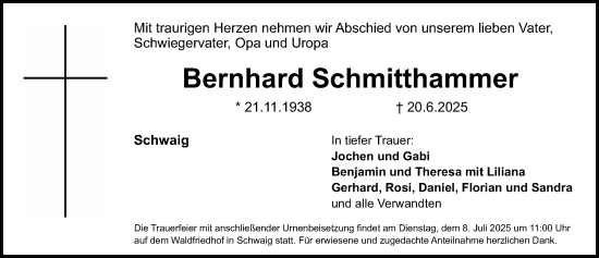 Traueranzeige von Bernhard Schmitthammer von Gesamtausgabe Nürnberger Nachrichten/ Nürnberger Ztg.