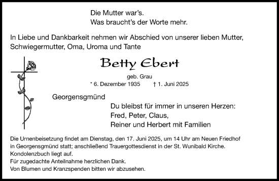 Traueranzeige von Betty Ebert von Roth-Hilpoltsteiner Volkszeitung Lokal