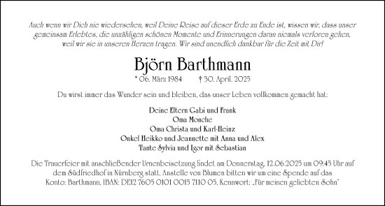 Traueranzeige von Björn Barthmann von Gesamtausgabe Nürnberger Nachrichten/ Nürnberger Ztg.