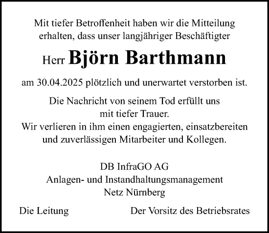Traueranzeige von Björn Barthmann von Gesamtausgabe Nürnberger Nachrichten/ Nürnberger Ztg.
