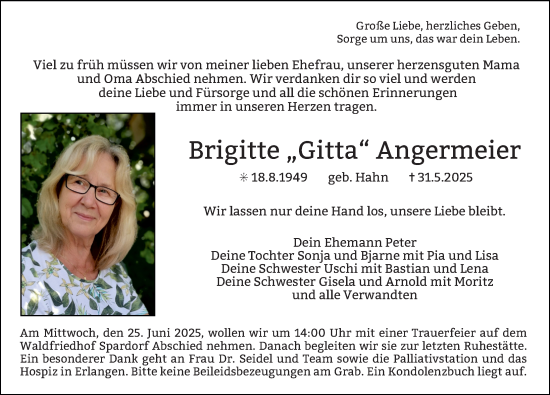 Traueranzeige von Brigitte Angermeier von Erlanger Nachrichten Lokal
