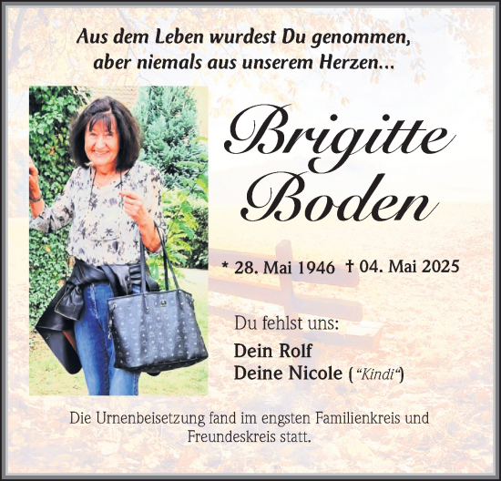 Traueranzeige von Brigitte Boden von Fürther Nachrichten Lokal