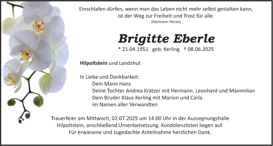 Traueranzeige von Brigitte Eberle von Roth-Hilpoltsteiner Volkszeitung Lokal