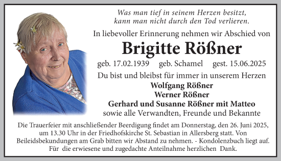 Traueranzeige von Brigitte Rößner von Roth-Hilpoltsteiner Volkszeitung Lokal