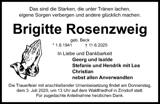 Traueranzeige von Brigitte Rosenzweig von Fürther Nachrichten Lokal