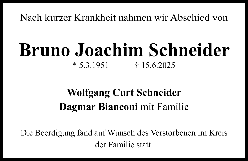  Traueranzeige für Bruno Joachim Schneider vom 28.06.2025 aus Fürther Nachrichten Lokal