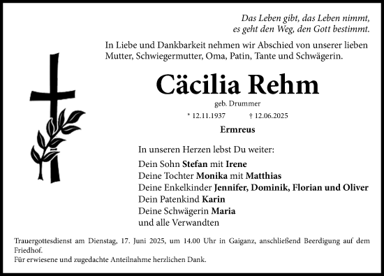Traueranzeige von Cäcilia Rehm von Nordbayerische Nachrichten Forchheim Lokal