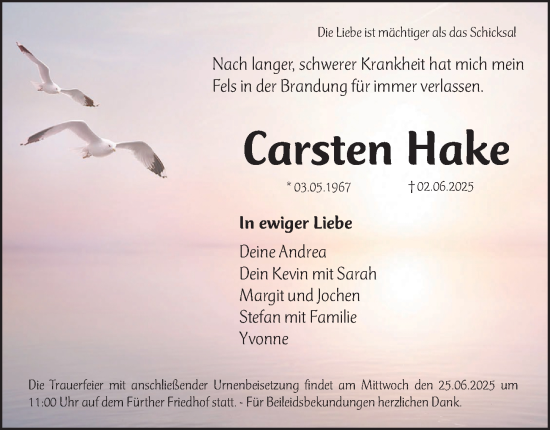 Traueranzeige von Carsten Hake von Fürther Nachrichten Lokal