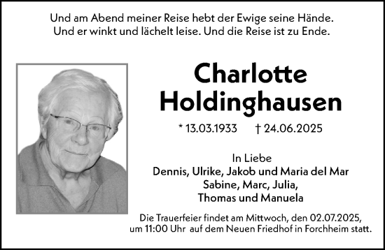 Traueranzeige von Charlotte Holdinghausen von Gesamtausgabe Nürnberger Nachrichten/ Nürnberger Ztg.