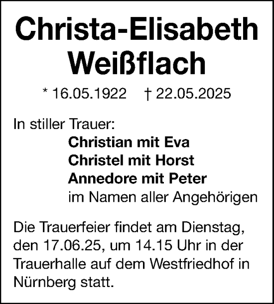 Traueranzeige von Christa-Elisabeth Weißflach von Gesamtausgabe Nürnberger Nachrichten/ Nürnberger Ztg.