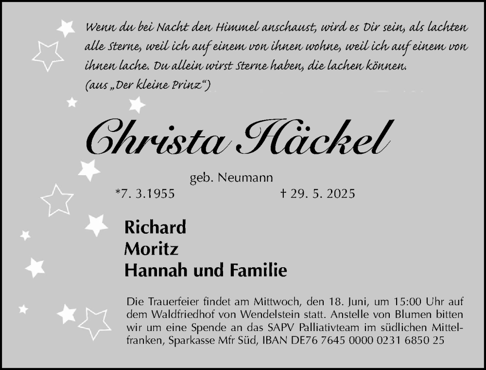  Traueranzeige für Christa Häckel vom 07.06.2025 aus Gesamtausgabe Nürnberger Nachrichten/ Nürnberger Ztg.