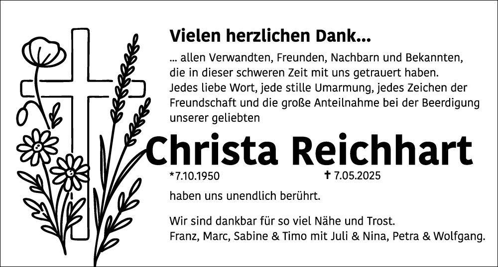  Traueranzeige für Christa Reichhart vom 14.06.2025 aus Schwabacher Tagblatt Lokal