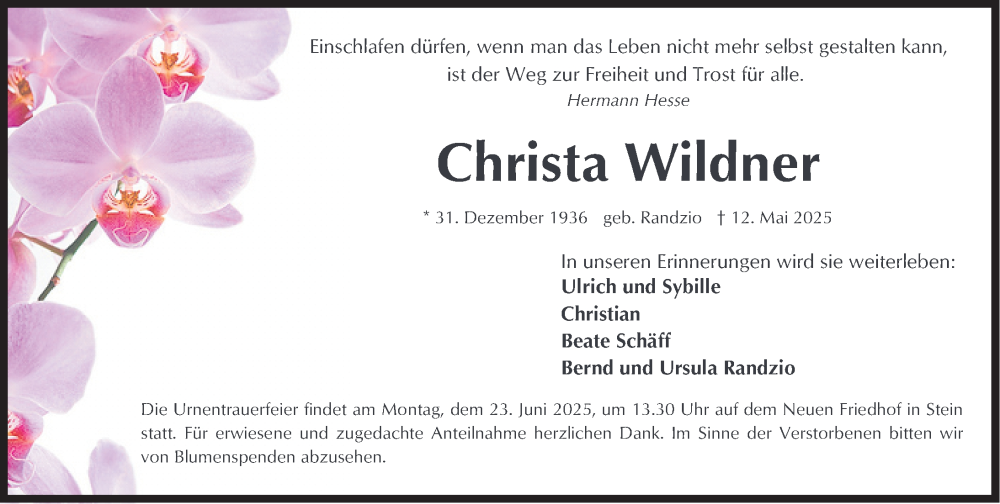  Traueranzeige für Christa Wildner vom 18.06.2025 aus Gesamtausgabe Nürnberger Nachrichten/ Nürnberger Ztg.