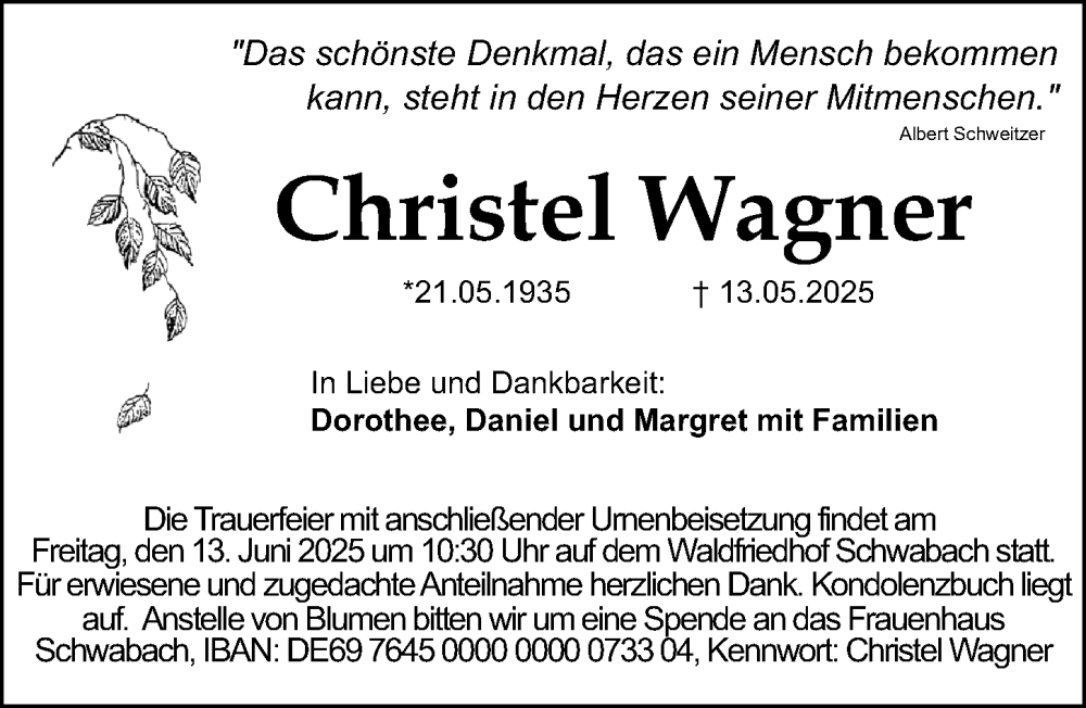  Traueranzeige für Christel Wagner vom 07.06.2025 aus Schwabacher Tagblatt Lokal