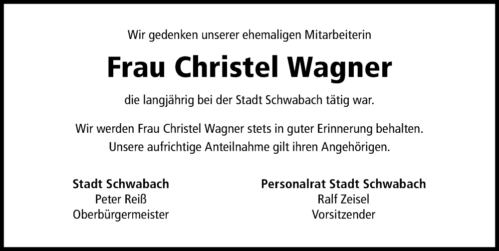  Traueranzeige für Christel Wagner vom 14.06.2025 aus Schwabacher Tagblatt Lokal