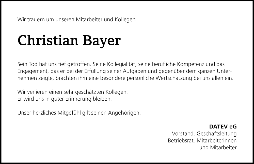  Traueranzeige für Christian Bayer vom 10.06.2025 aus Gesamtausgabe Nürnberger Nachrichten/ Nürnberger Ztg.