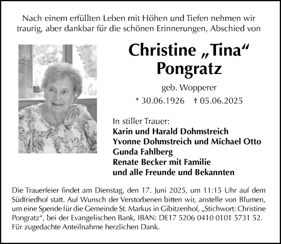 Traueranzeige von Christine Pongratz von Gesamtausgabe Nürnberger Nachrichten/ Nürnberger Ztg.