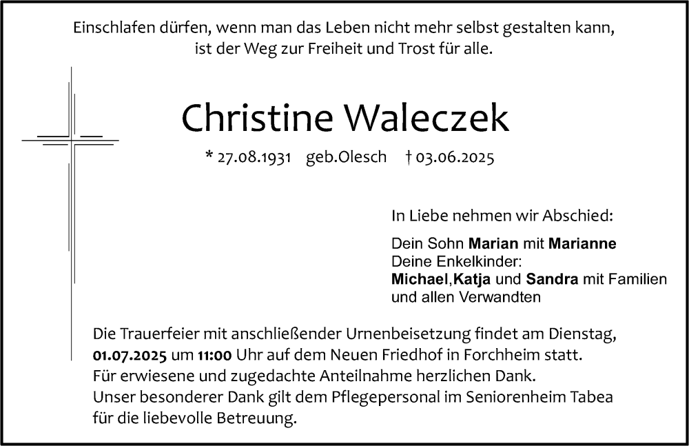  Traueranzeige für Christine Waleczek vom 28.06.2025 aus Nordbayerische Nachrichten Forchheim Lokal