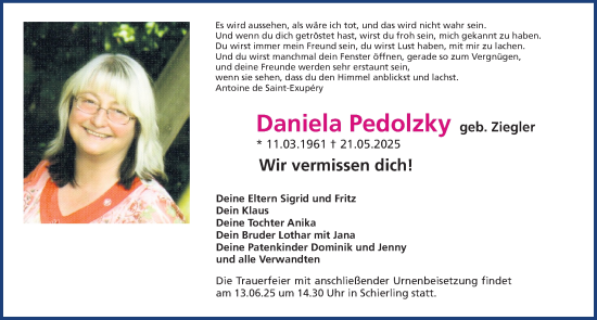 Traueranzeige von Daniela Pedolzky von Fürther Nachrichten Lokal