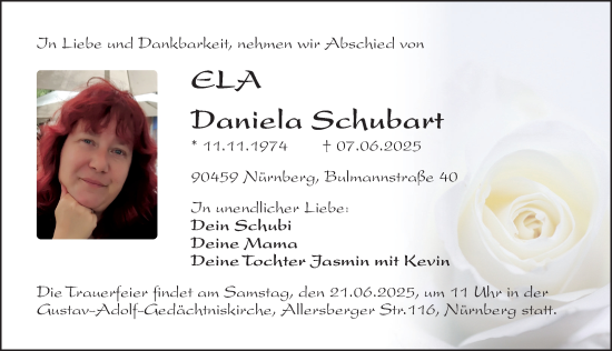 Traueranzeige von Daniela Schubart von Gesamtausgabe Nürnberger Nachrichten/ Nürnberger Ztg.