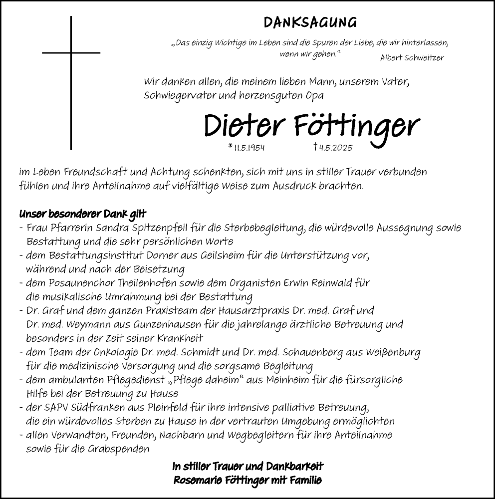  Traueranzeige für Dieter Föttinger vom 28.06.2025 aus Altmühl-Bote Lokal/ Weißenburger Tagblatt