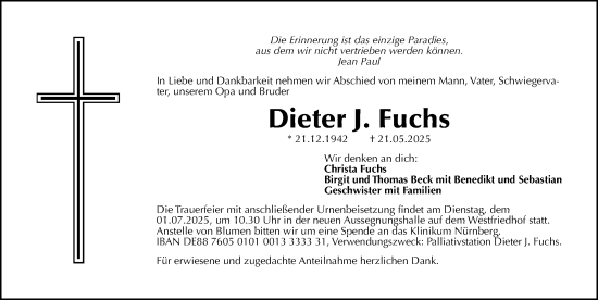 Traueranzeige von Dieter Fuchs von Gesamtausgabe Nürnberger Nachrichten/ Nürnberger Ztg.
