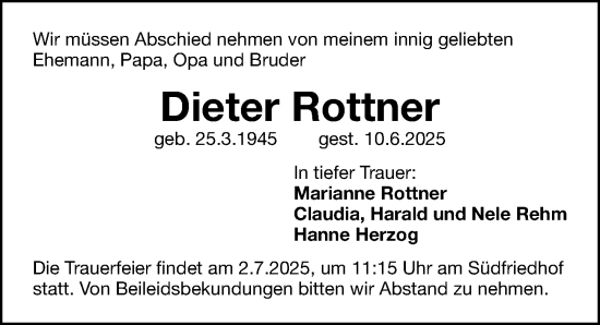 Traueranzeige von Dieter Rottner von Gesamtausgabe Nürnberger Nachrichten/ Nürnberger Ztg.