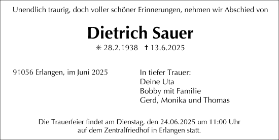 Traueranzeige von Dietrich Sauer von Erlanger Nachrichten Lokal