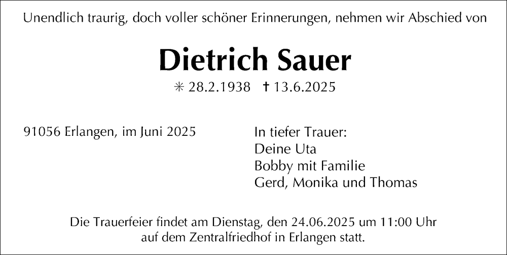  Traueranzeige für Dietrich Sauer vom 21.06.2025 aus Erlanger Nachrichten Lokal