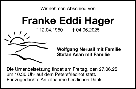 Traueranzeige von Franke Hager von Gesamtausgabe Nürnberger Nachrichten/ Nürnberger Ztg.