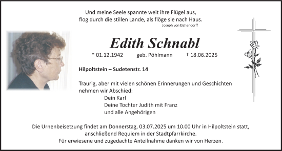Traueranzeige von Edith Schnabl von Roth-Hilpoltsteiner Volkszeitung Lokal