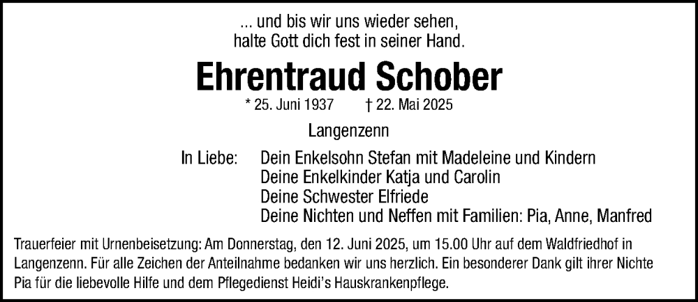 Traueranzeige für Ehrentraud Schober vom 07.06.2025 aus Fürther Nachrichten Lokal