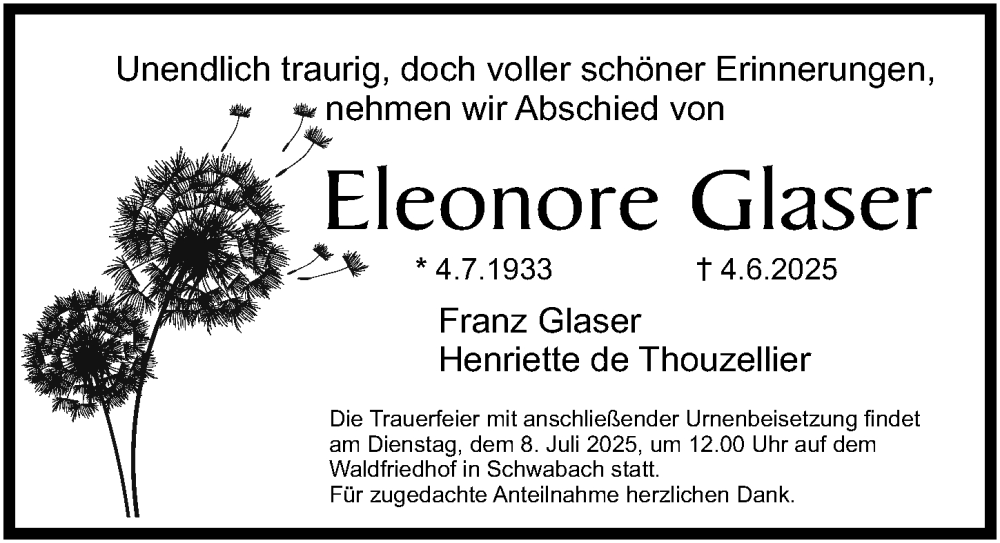  Traueranzeige für Eleonore Glaser vom 28.06.2025 aus Schwabacher Tagblatt Lokal