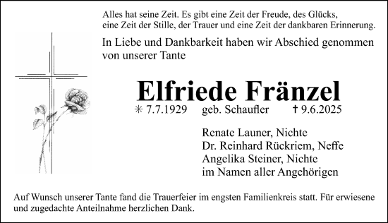 Traueranzeige von Elfriede Fränzel von Erlanger Nachrichten Lokal