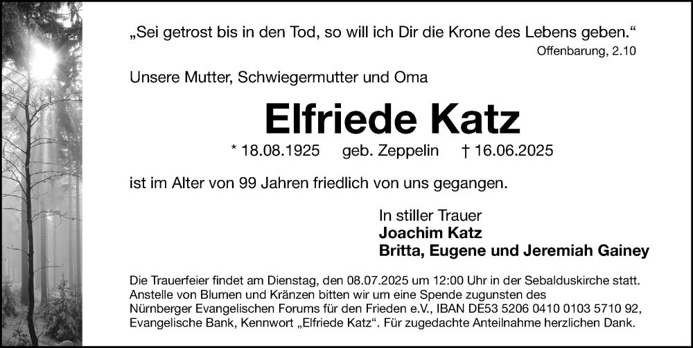  Traueranzeige für Elfriede Katz vom 28.06.2025 aus Gesamtausgabe Nürnberger Nachrichten/ Nürnberger Ztg.