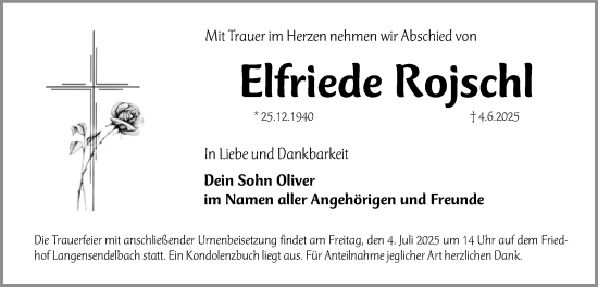 Traueranzeige von Elfriede Rojschl von Erlanger Nachrichten Lokal