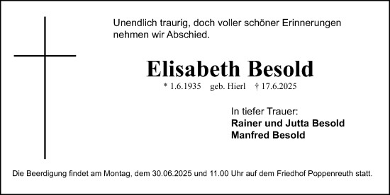Traueranzeige von Elisabeth Besold von Gesamtausgabe Nürnberger Nachrichten/ Nürnberger Ztg.