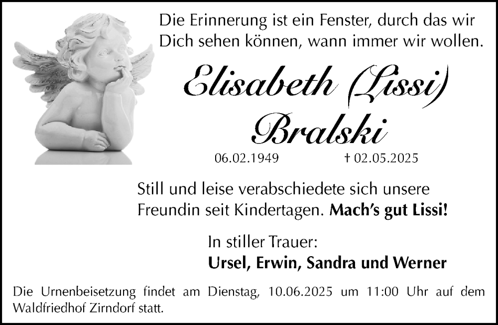  Traueranzeige für Elisabeth Bralski vom 07.06.2025 aus Fürther Nachrichten Lokal