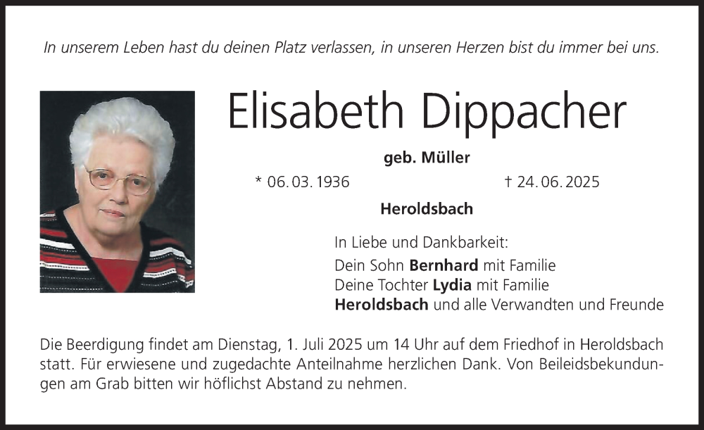  Traueranzeige für Elisabeth Dippacher vom 27.06.2025 aus Nordbayerische Nachrichten Forchheim Lokal