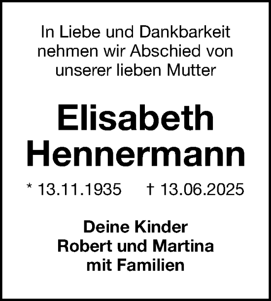 Traueranzeige von Elisabeth Hennermann von Gesamtausgabe Nürnberger Nachrichten/ Nürnberger Ztg.