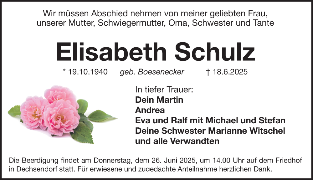  Traueranzeige für Elisabeth Schulz vom 21.06.2025 aus Erlanger Nachrichten Lokal