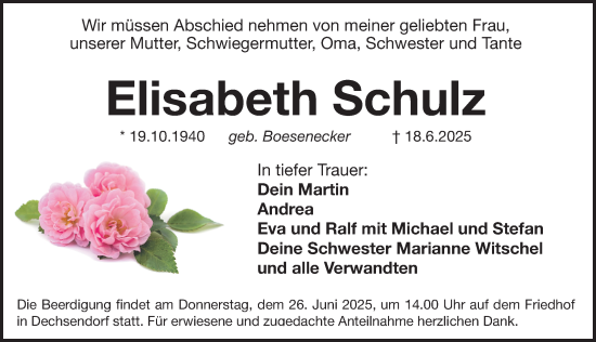 Traueranzeige von Elisabeth Schulz von Erlanger Nachrichten Lokal