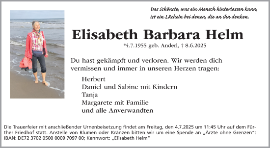 Traueranzeige von Elisabeth Barbara Helm von Fürther Nachrichten Lokal