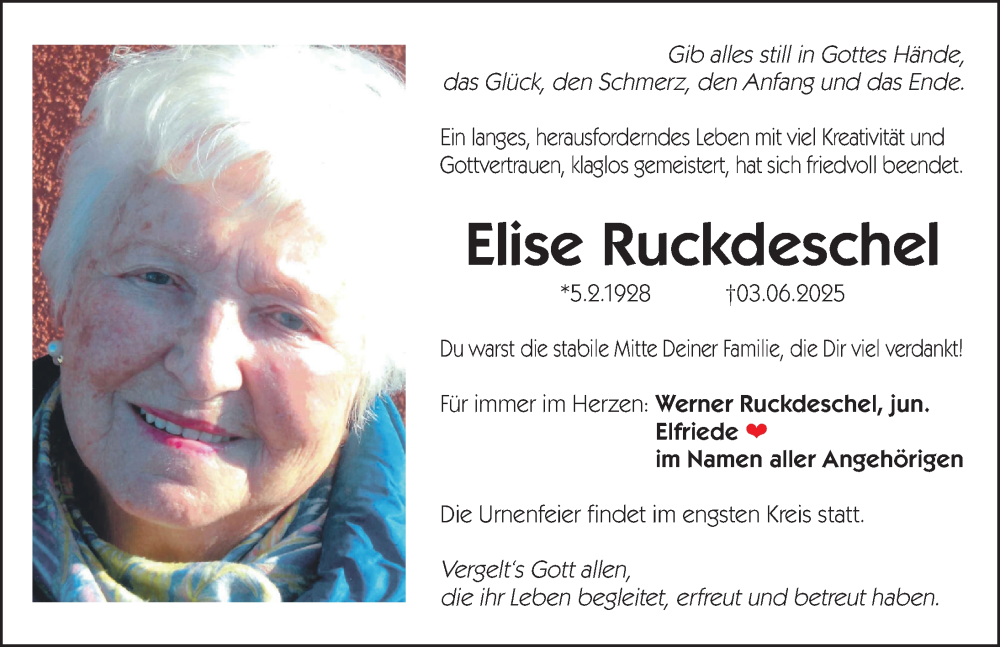  Traueranzeige für Elise Ruckdeschel vom 07.06.2025 aus Gesamtausgabe Nürnberger Nachrichten/ Nürnberger Ztg.