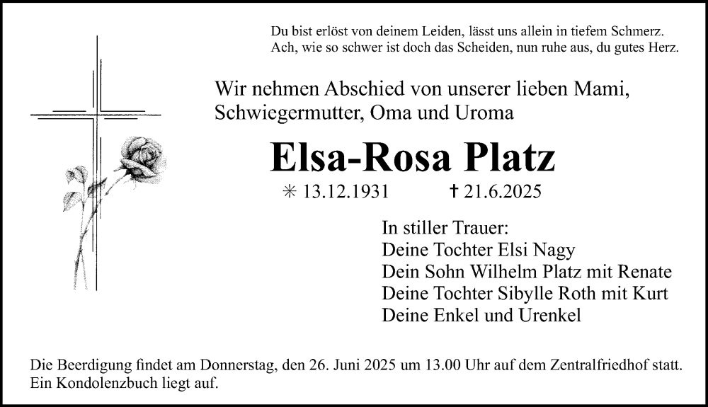  Traueranzeige für Elsa-Rosa Platz vom 25.06.2025 aus Erlanger Nachrichten Lokal